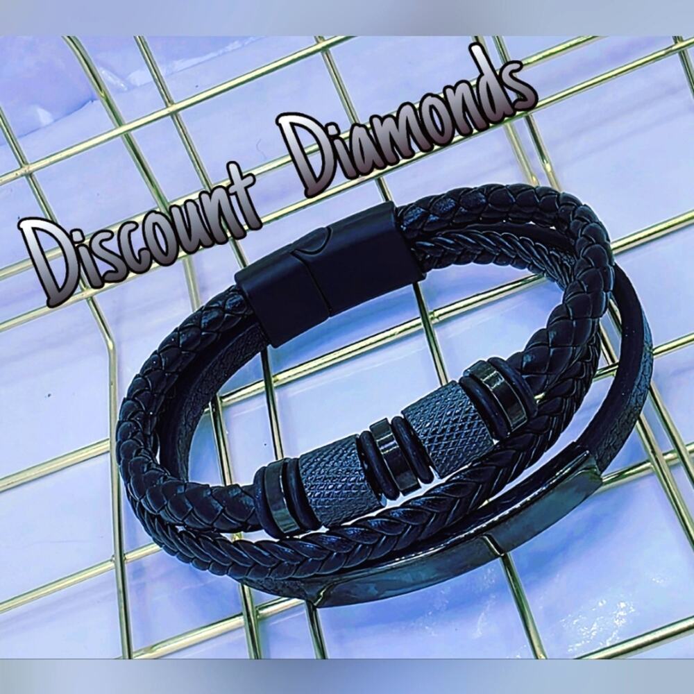 Men's Black Titanium Braded Black Leather Trinity Bracelet 